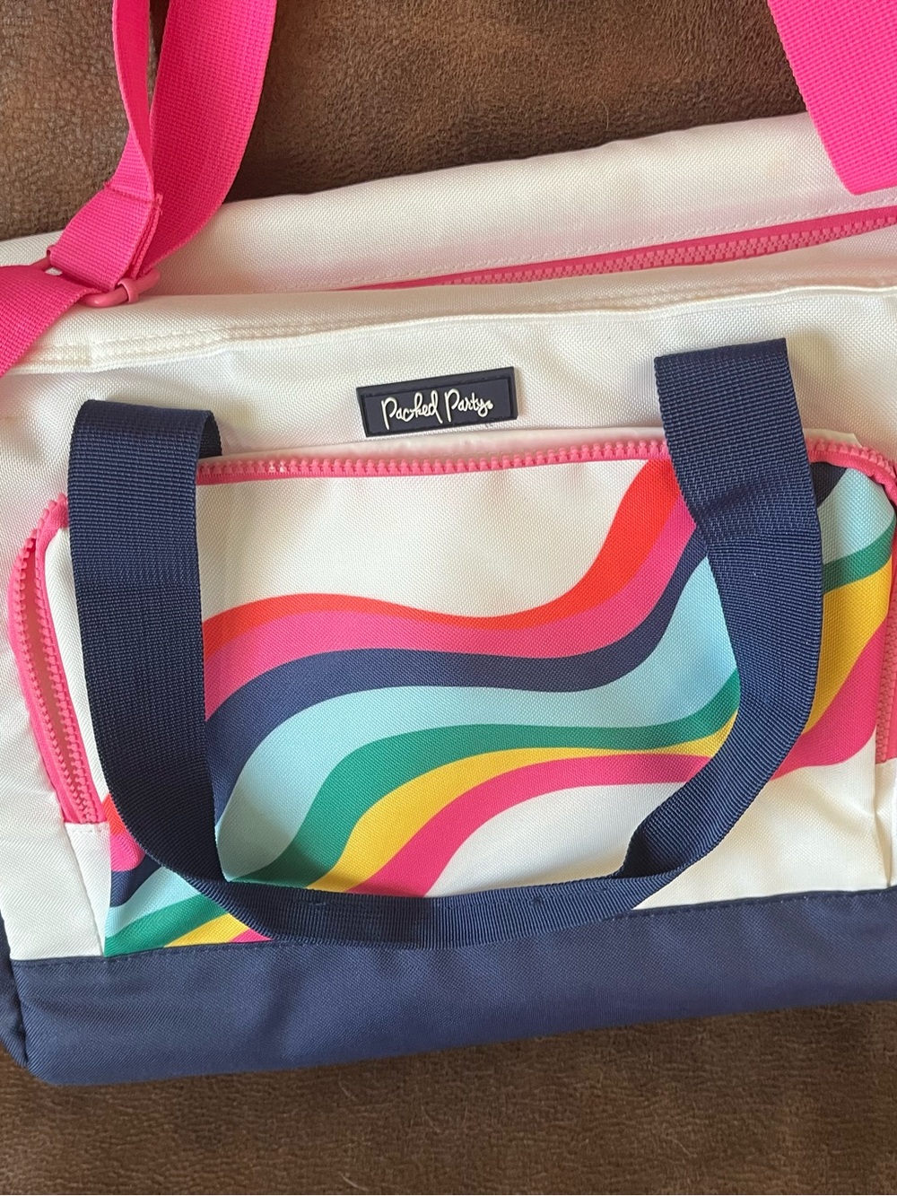 Packed Party insulated Tote with Navy Base, Hot Pink Strap and Rainbow Waves